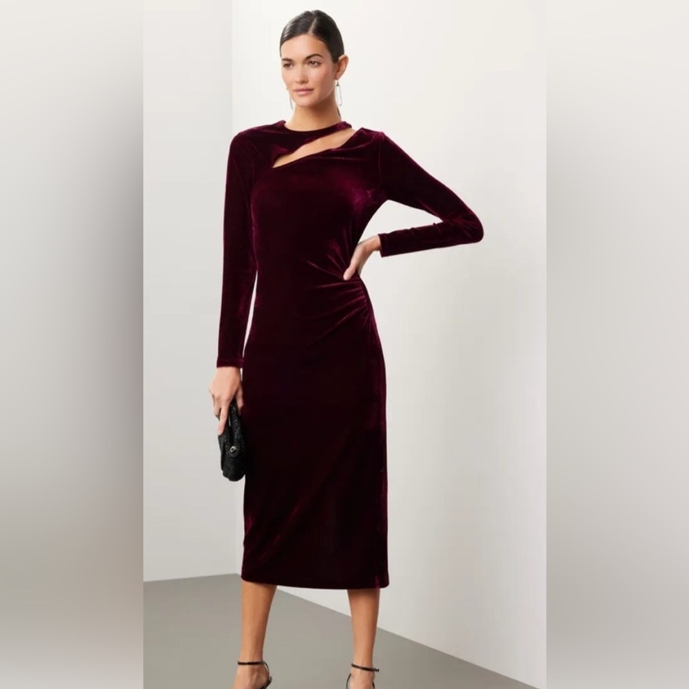 Reiss Velvet Long Sleeve Dress in Deep Burgundy